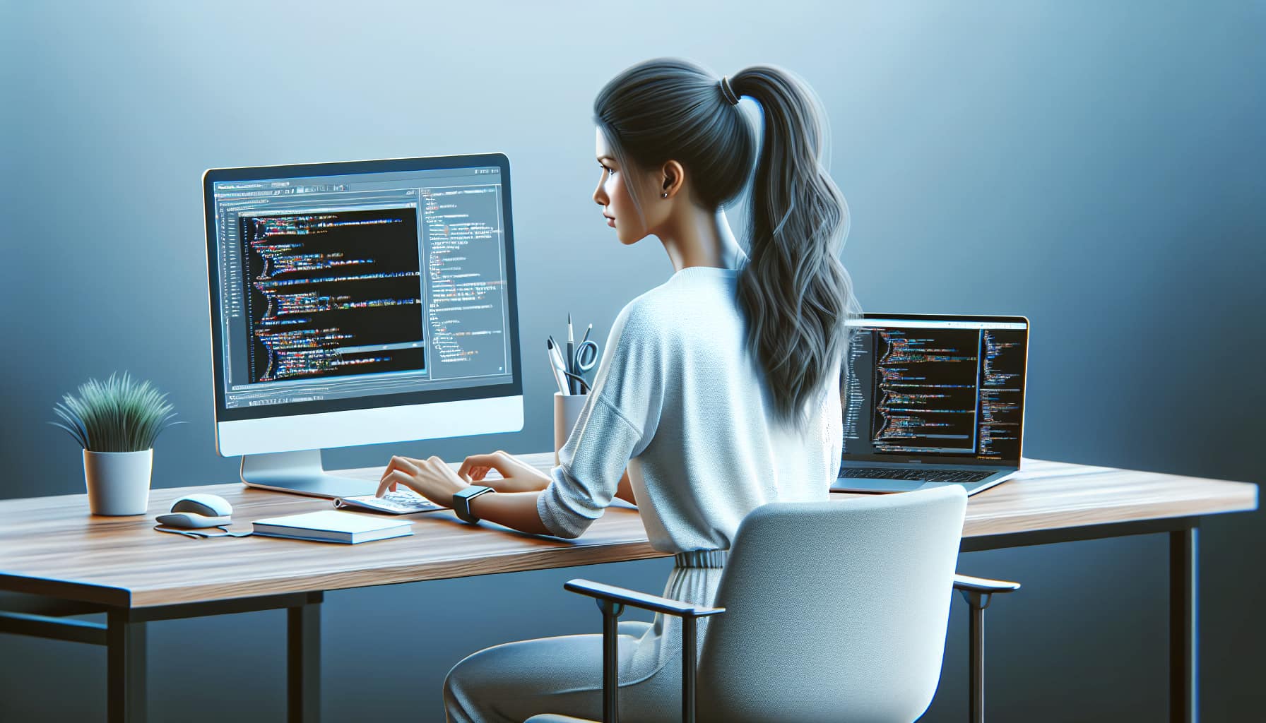 Realistic photography scene with minimalist modern website 3D mockup on left and a developer on right